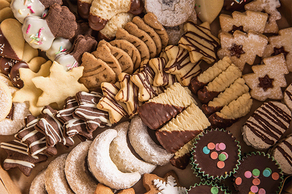 assorted holiday cookies on display